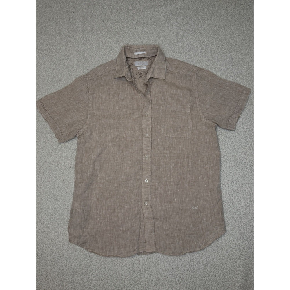 Porter & Ash Mens Linen Button Up Shirt Size M Short Sleeve Beige  Casual